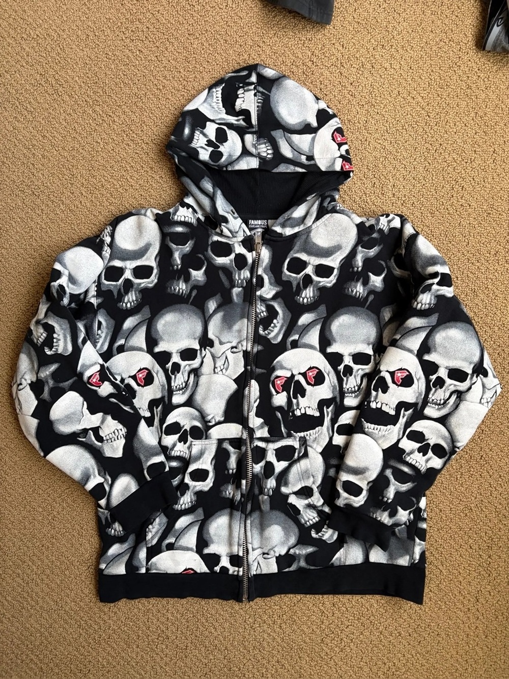 Vintage Famous Stars & Straps Skull AOP Zip Hoodie Small Y2K - RARE